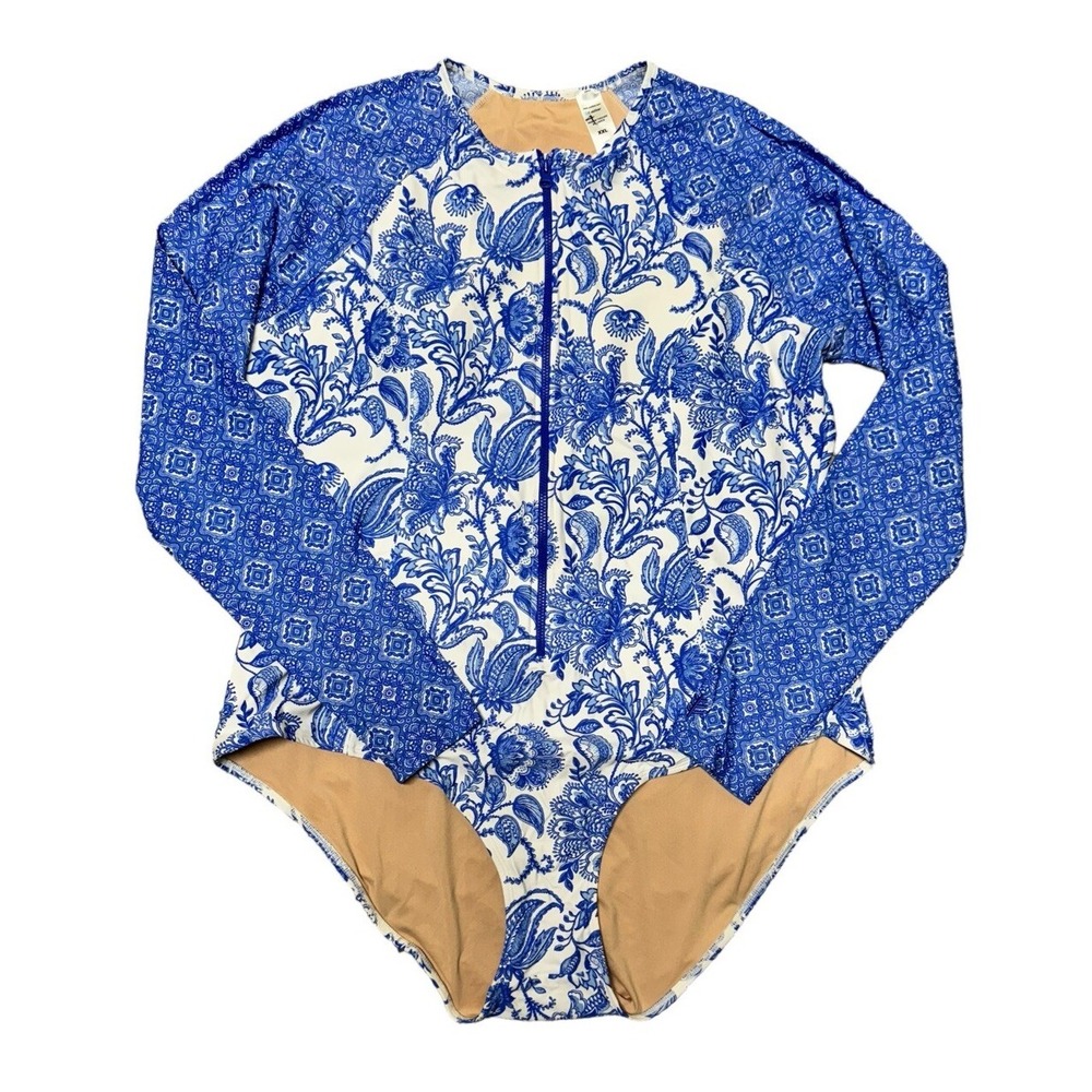 Coolibar Escalante Aura Blue Porcelain‎ Floral Long Sleeve Swimsuit Women's XXL